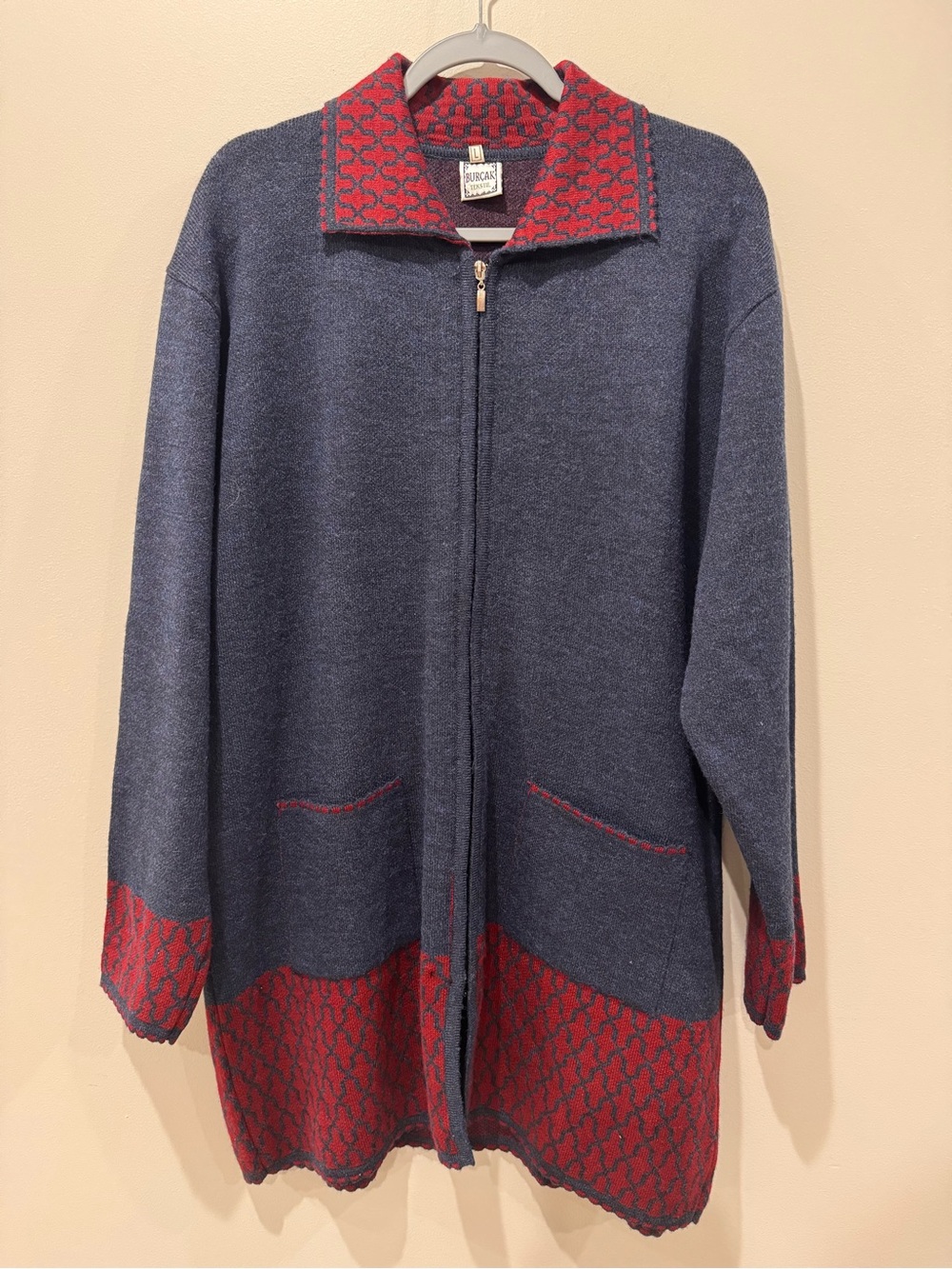 BURCAK TEKSTIL Womens L‎ Knit Full Zip Coatigan Sweater Jacket Red Blue Geo